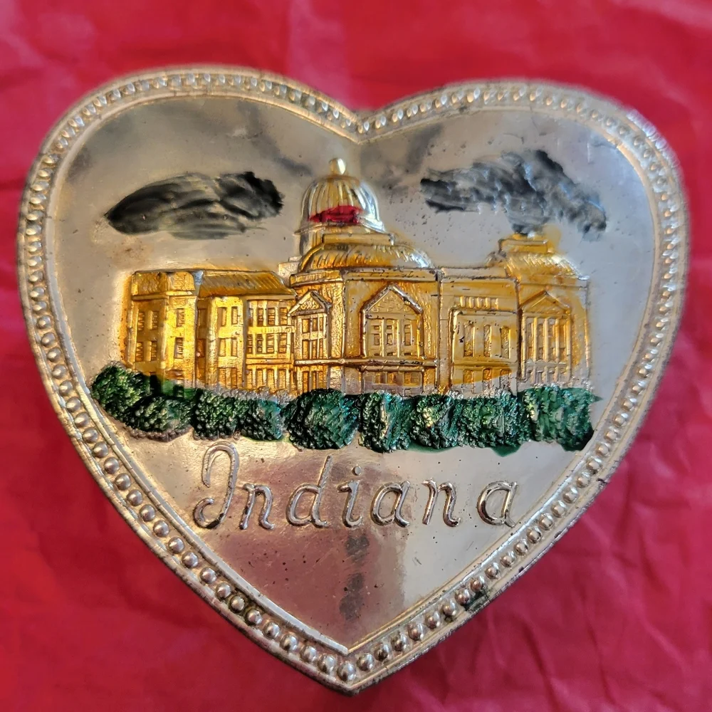 Vintage Indiana Heart Shaped Jewelry Box ~ Silvertone ~ 1960s ~